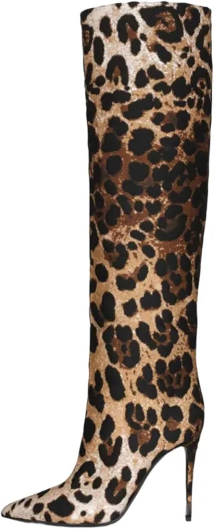 Animal Print Boots for Women Pointed Toe Knee High Boots Wide Calf High Heel Sexy Fashion Tall Boots