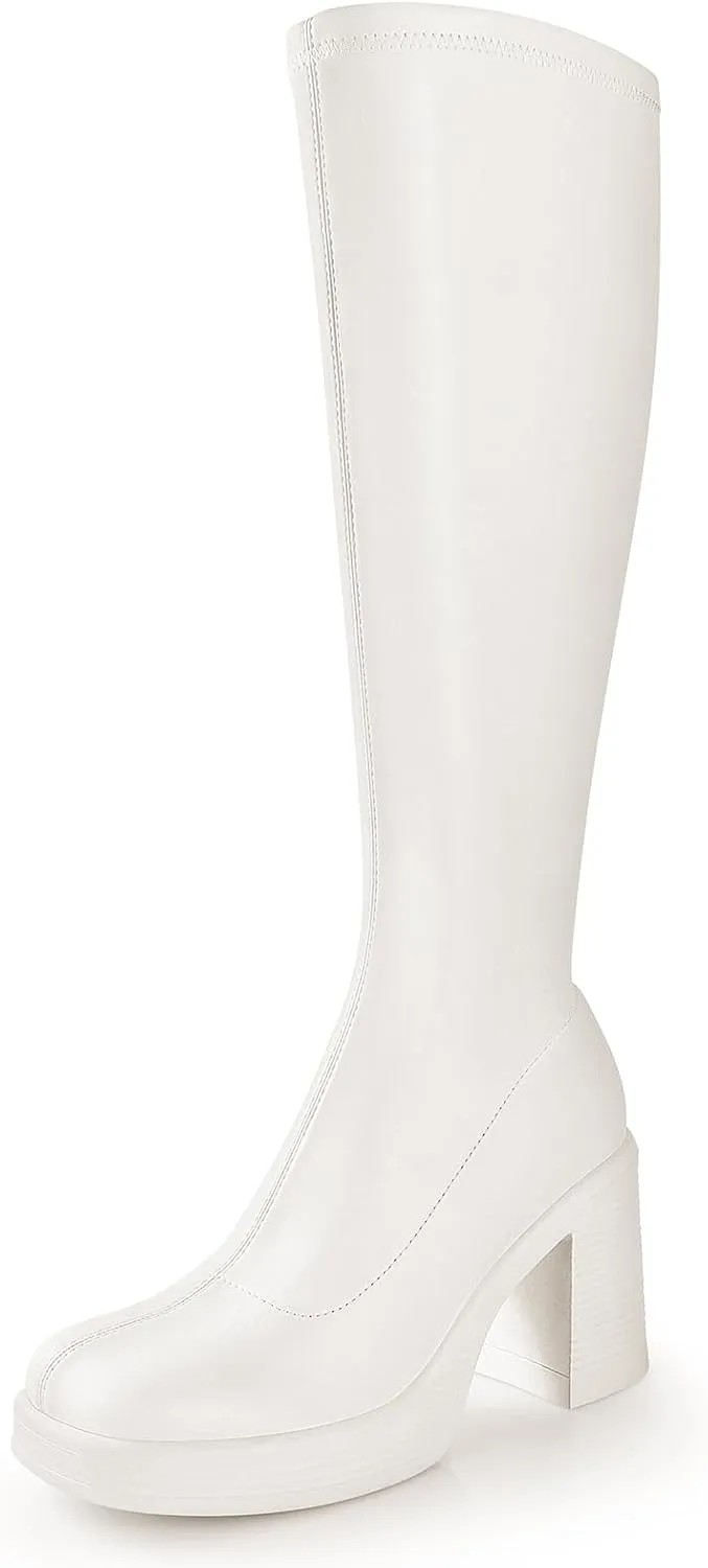 Ankis Knee High Boots Platform Boots for Women Chunky Heel Side Zipper Long GOGO Boots