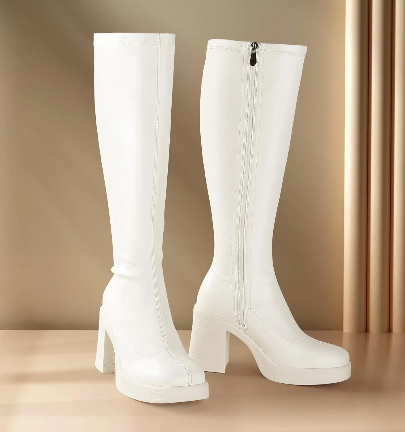 Ankis Knee High Boots Platform Boots for Women Chunky Heel Side Zipper Long GOGO Boots