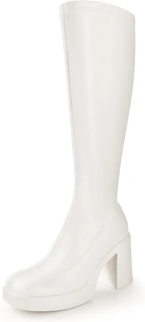 Ankis Knee High Boots Platform Boots for Women Chunky Heel Side Zipper Long GOGO Boots