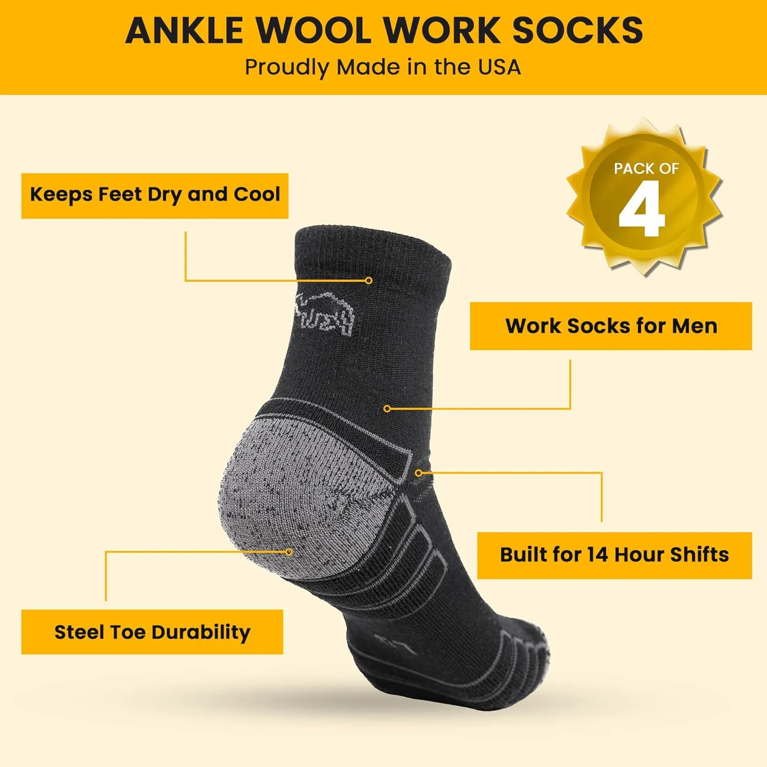 Ankle Work Socks – Sweat-Wicking, Durable Wool Socks for Long Shifts – Up to 6" Boots – Made in USA