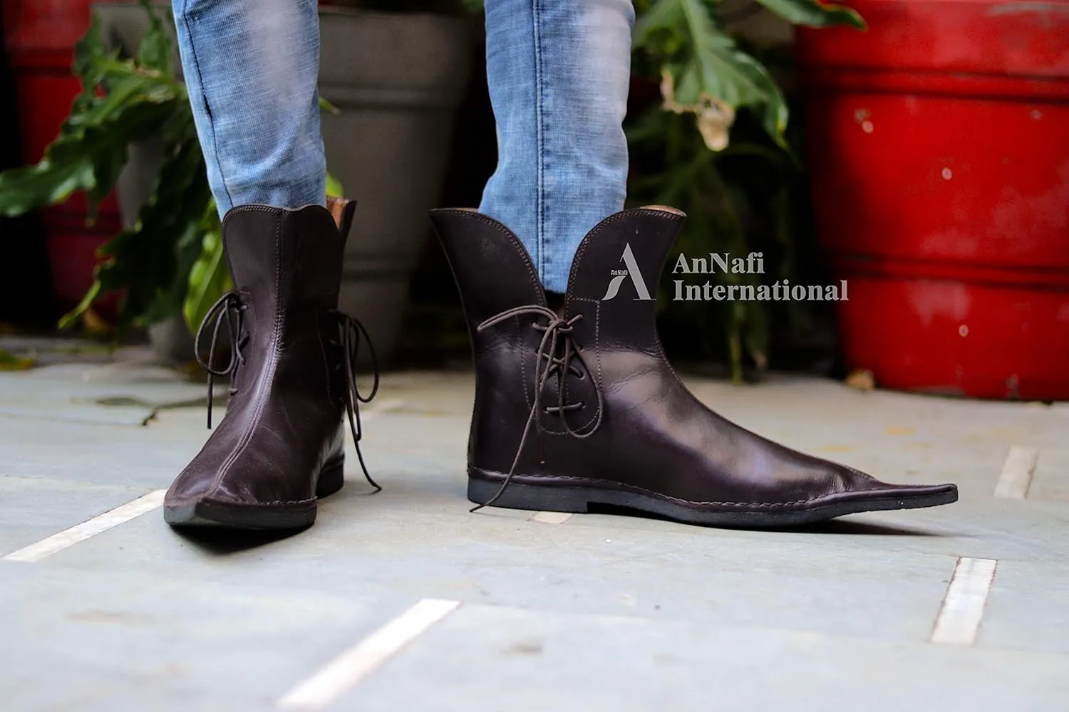 AnNafi® Renaissance Lace-Up Boots | Western Men Leather Loafer Shoes | Pirate Viking Shoe Medieval Cosplay Halloween Footwear Martin Gothic Shoes (Size 10) Brown