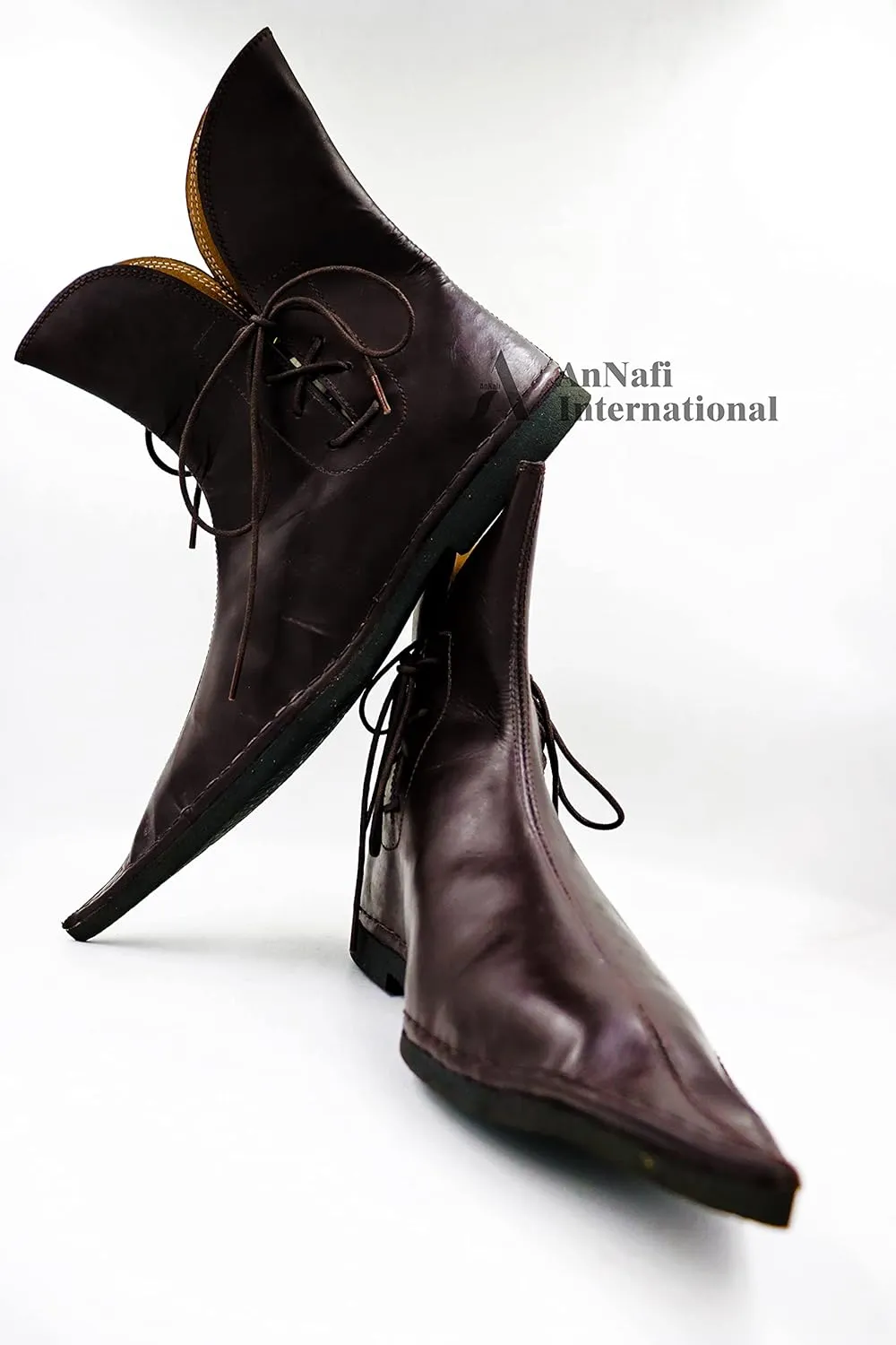 AnNafi® Renaissance Lace-Up Boots | Western Men Leather Loafer Shoes | Pirate Viking Shoe Medieval Cosplay Halloween Footwear Martin Gothic Shoes (Size 10) Brown