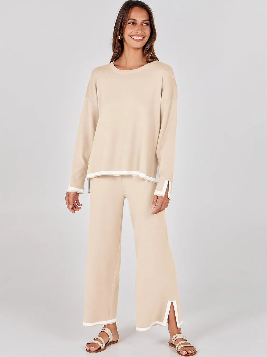 ANRABESS Women's Two Piece Outfits Knit Pullover Sweater Tops & Wide leg Pants Lounge Matching Sweatsuit Tracksuits Sets