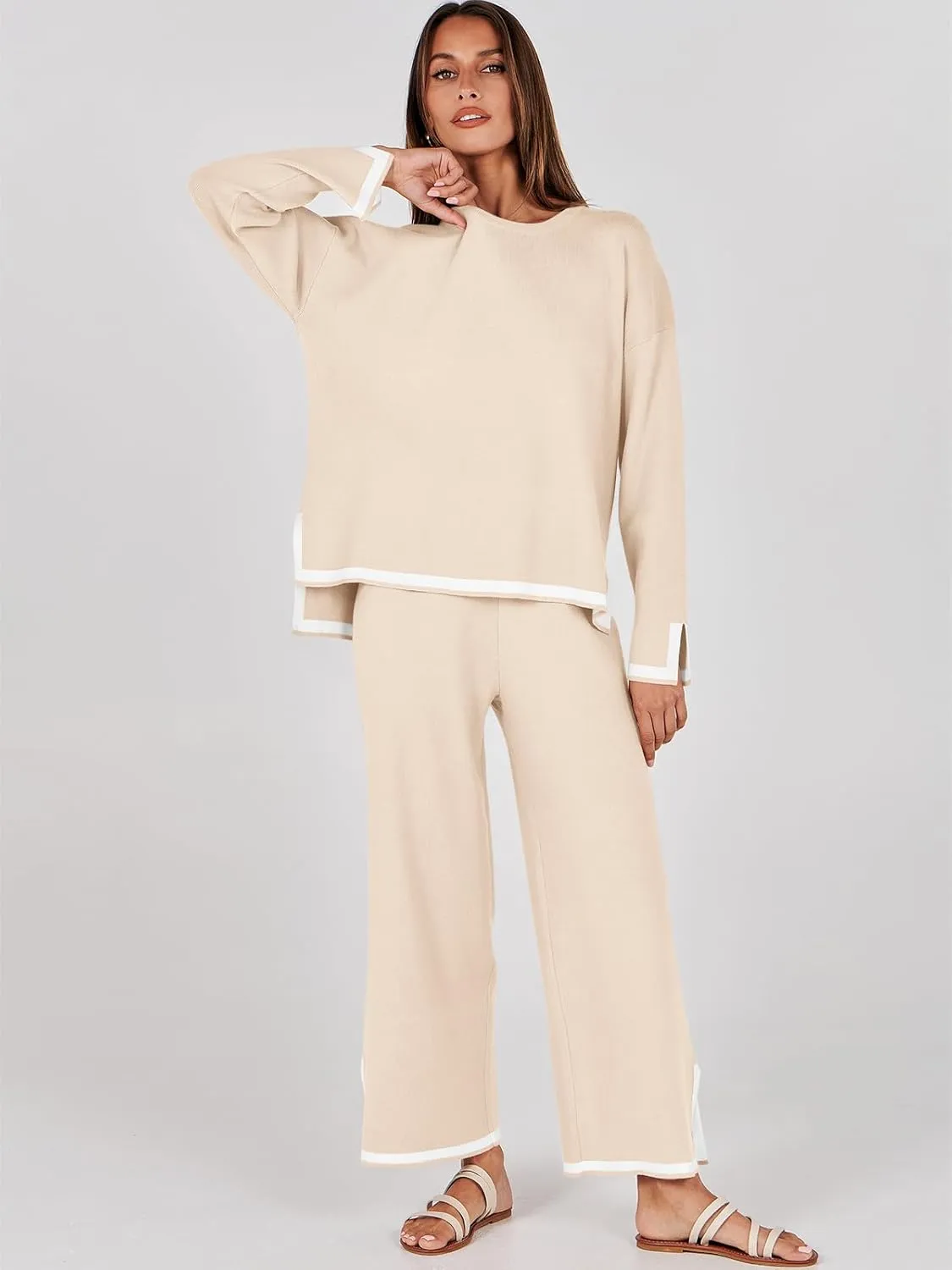 ANRABESS Women's Two Piece Outfits Knit Pullover Sweater Tops & Wide leg Pants Lounge Matching Sweatsuit Tracksuits Sets