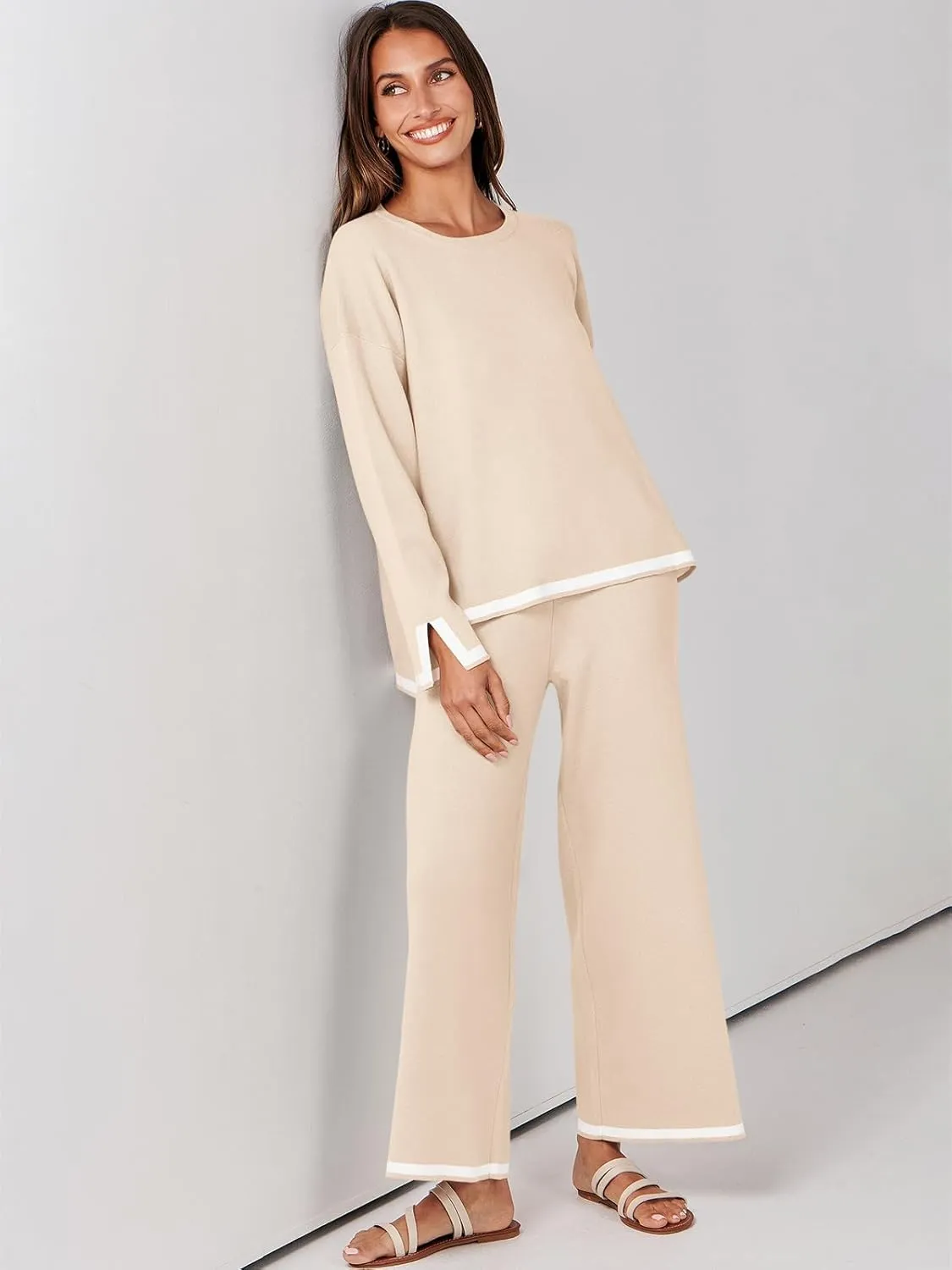 ANRABESS Women's Two Piece Outfits Knit Pullover Sweater Tops & Wide leg Pants Lounge Matching Sweatsuit Tracksuits Sets