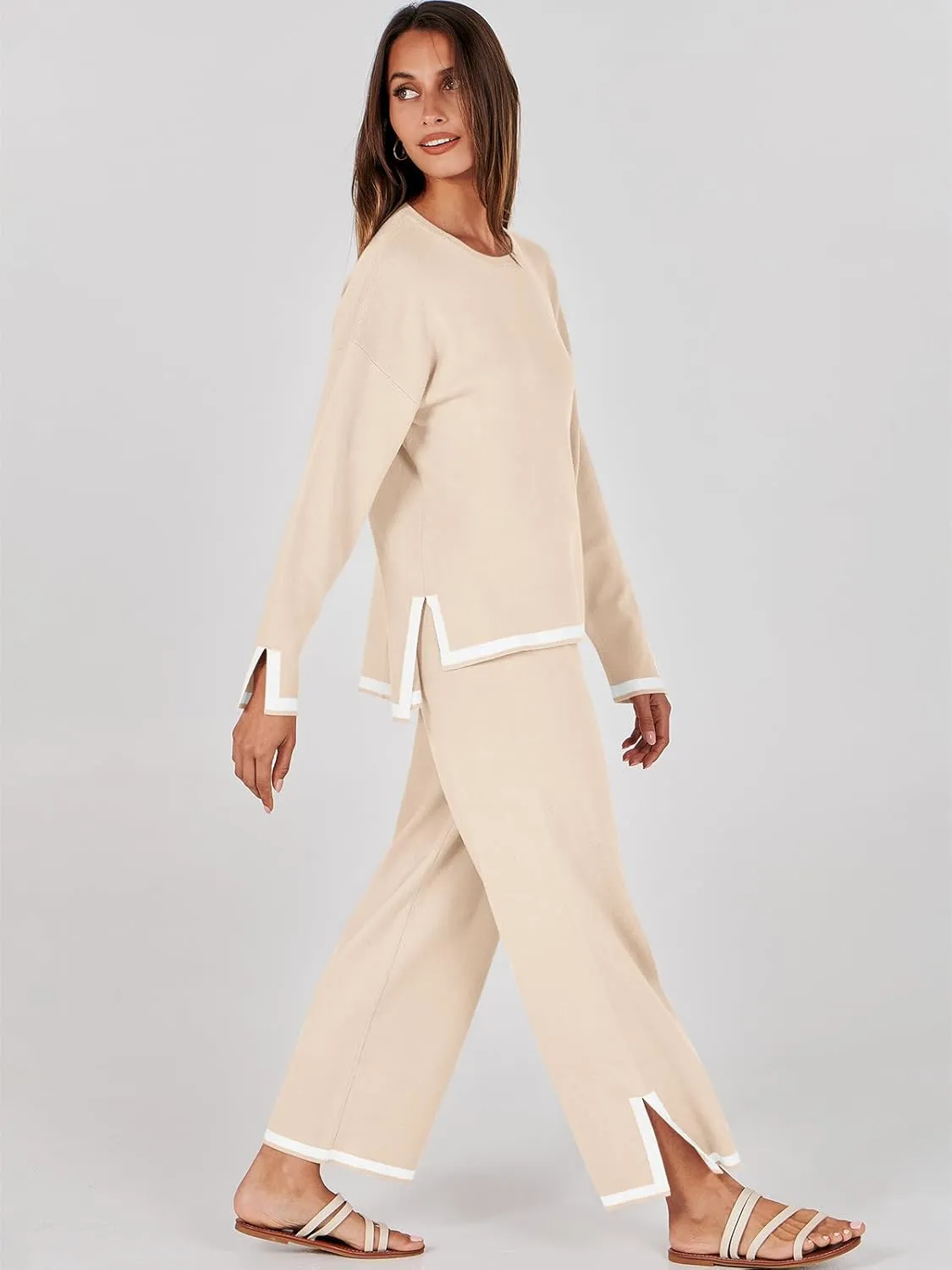 ANRABESS Women's Two Piece Outfits Knit Pullover Sweater Tops & Wide leg Pants Lounge Matching Sweatsuit Tracksuits Sets