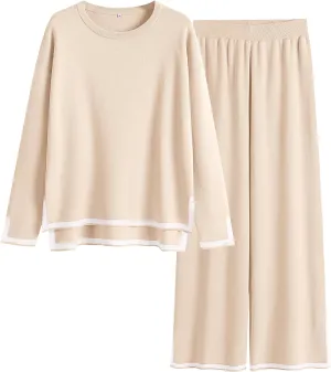 ANRABESS Women's Two Piece Outfits Knit Pullover Sweater Tops & Wide leg Pants Lounge Matching Sweatsuit Tracksuits Sets
