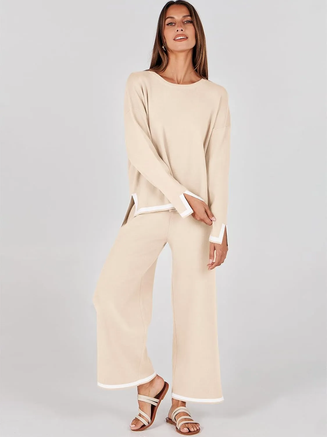 ANRABESS Women's Two Piece Outfits Knit Pullover Sweater Tops & Wide leg Pants Lounge Matching Sweatsuit Tracksuits Sets