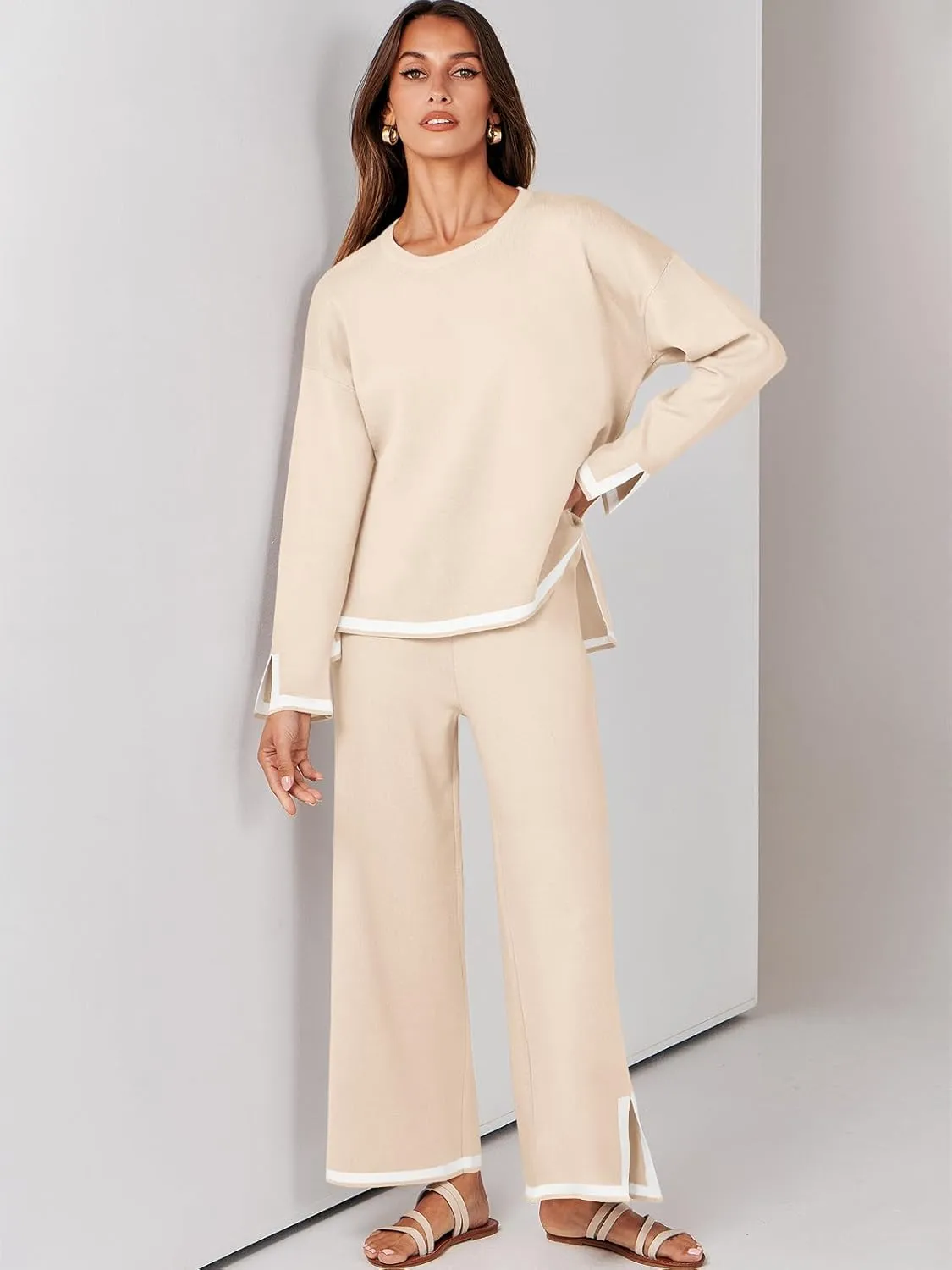 ANRABESS Women's Two Piece Outfits Knit Pullover Sweater Tops & Wide leg Pants Lounge Matching Sweatsuit Tracksuits Sets