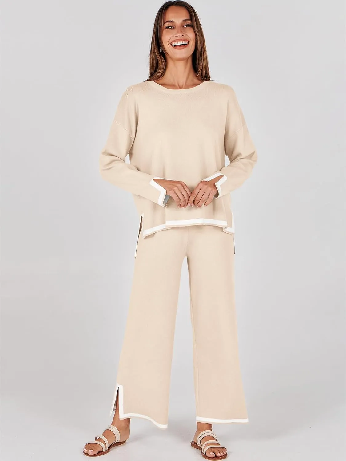 ANRABESS Women's Two Piece Outfits Knit Pullover Sweater Tops & Wide leg Pants Lounge Matching Sweatsuit Tracksuits Sets