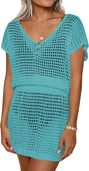 AOLRO Women's Swim Coverups Crochet Hollow Out Short Sleeve V Neck Beach Swimsuit Bathing Suit Cover Up Dresses S-XXL