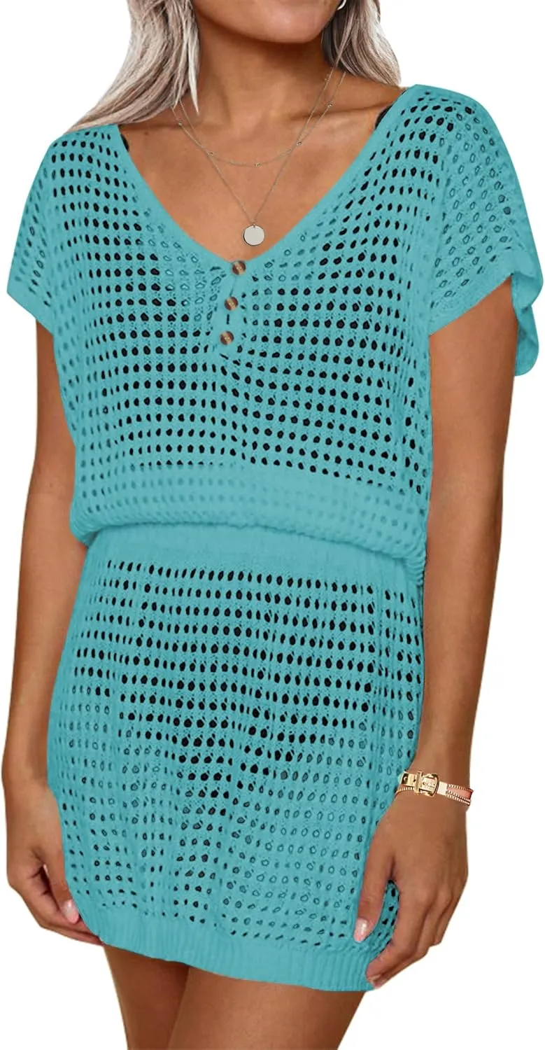 AOLRO Women's Swim Coverups Crochet Hollow Out Short Sleeve V Neck Beach Swimsuit Bathing Suit Cover Up Dresses S-XXL