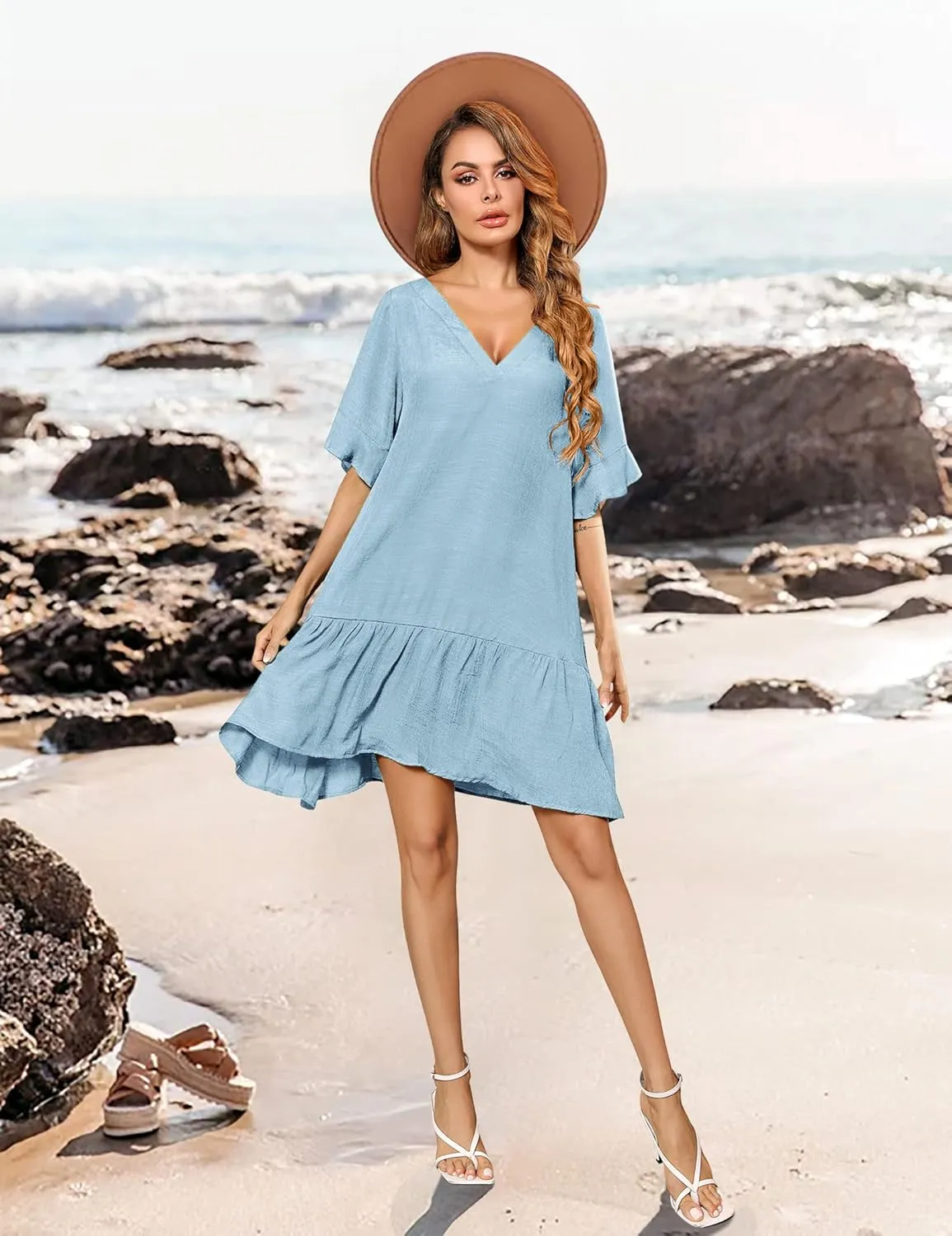 Aoulaydo Womens Swimsuit Coverups Sexy V Neck Bathing Suit Cover Ups Casual Loose Cover Up for Swimwear