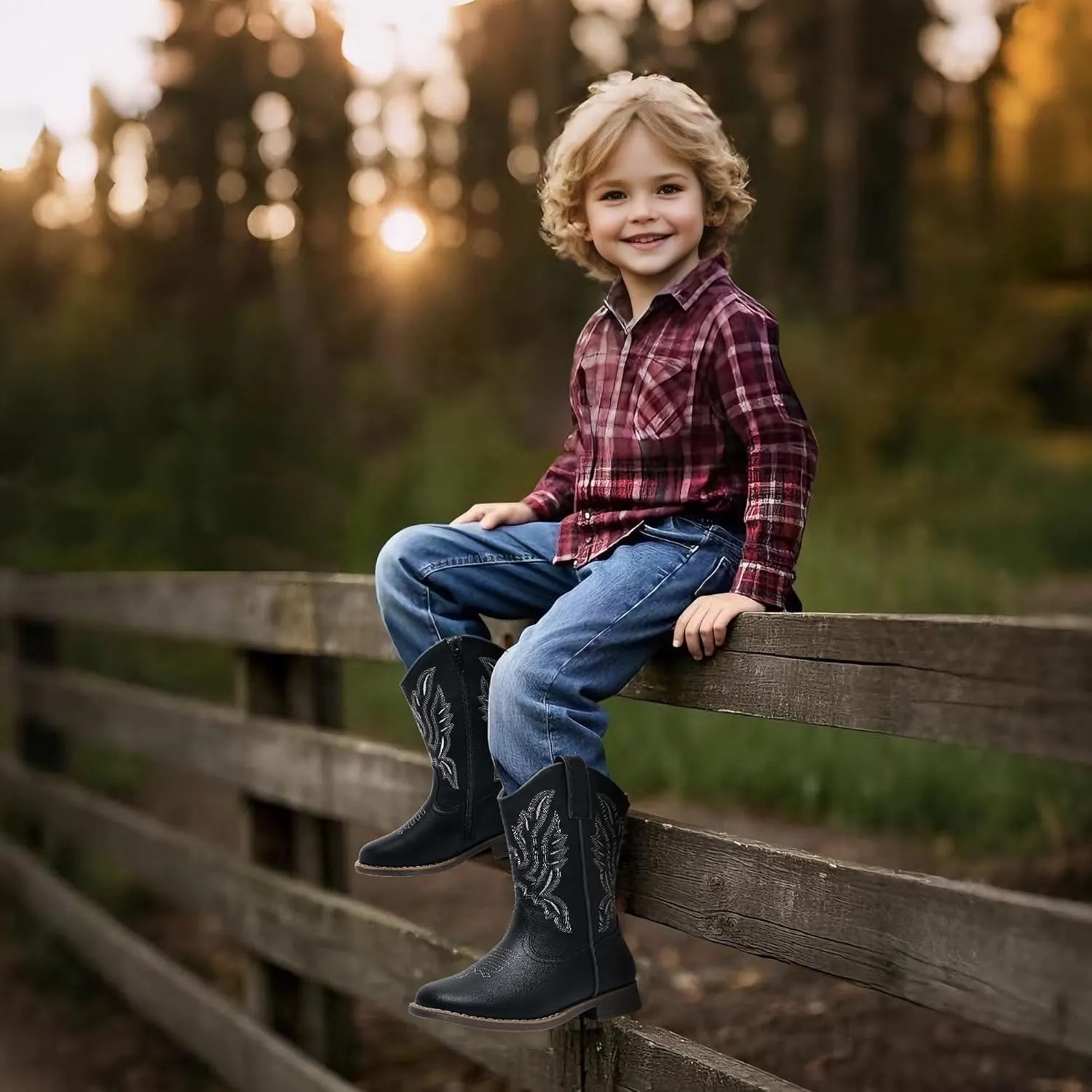 Apakowa Kids Cowboy Boots - Cowboy and Cowgirl Boots for Boys and Girls, Mid-Calf Square Toe Western Rodeo Boots with Embroidery and Side Zipper (Toddler/Little Kid/Big Kid)