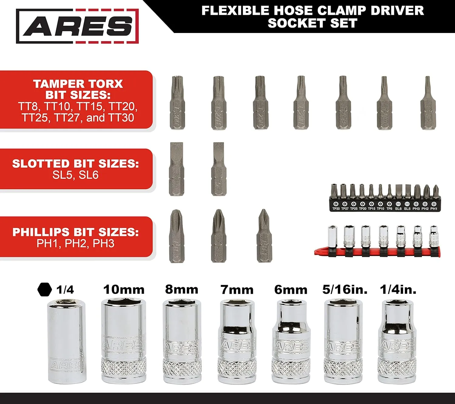 ARES 51021 – 20-Piece Multipurpose Flexible Screwdriver Set – 90 Degree Flex Shaft – Phillips, Slotted, and Tamper Torx Bits and 1/4-Inch Drive Sockets