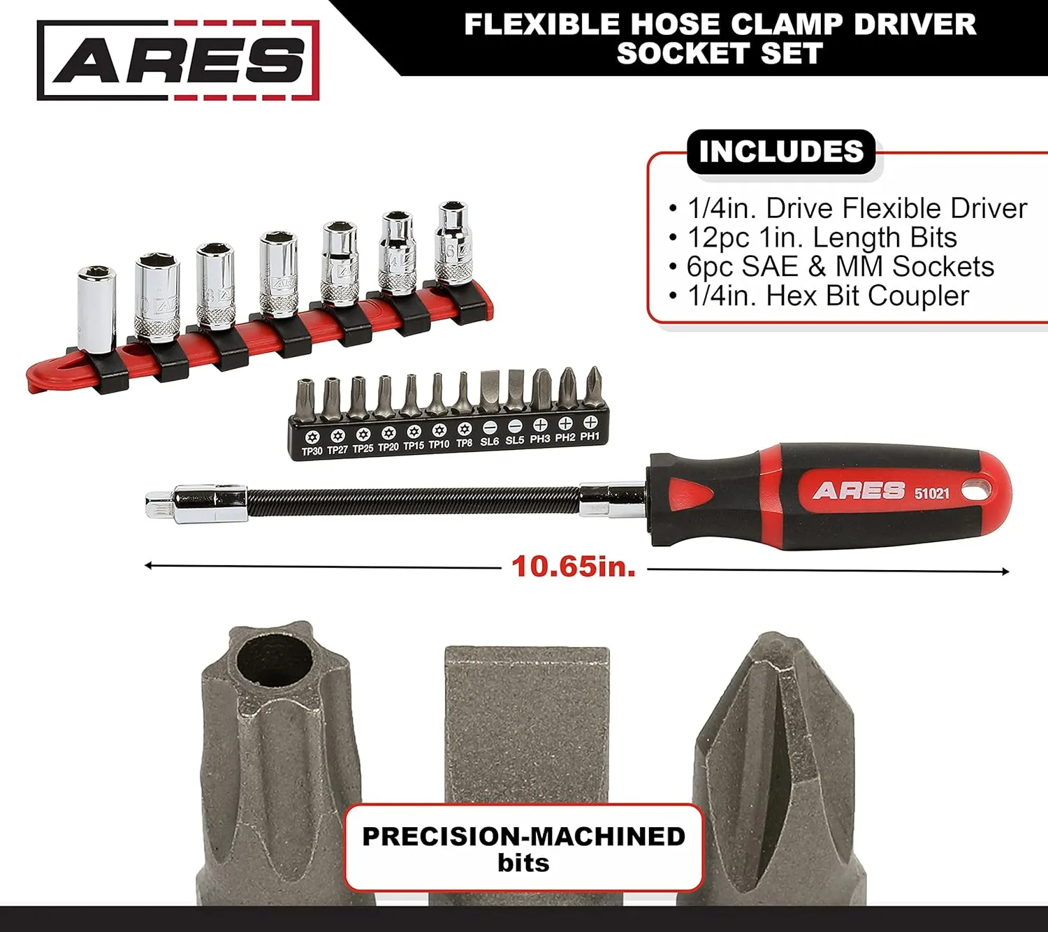 ARES 51021 – 20-Piece Multipurpose Flexible Screwdriver Set – 90 Degree Flex Shaft – Phillips, Slotted, and Tamper Torx Bits and 1/4-Inch Drive Sockets
