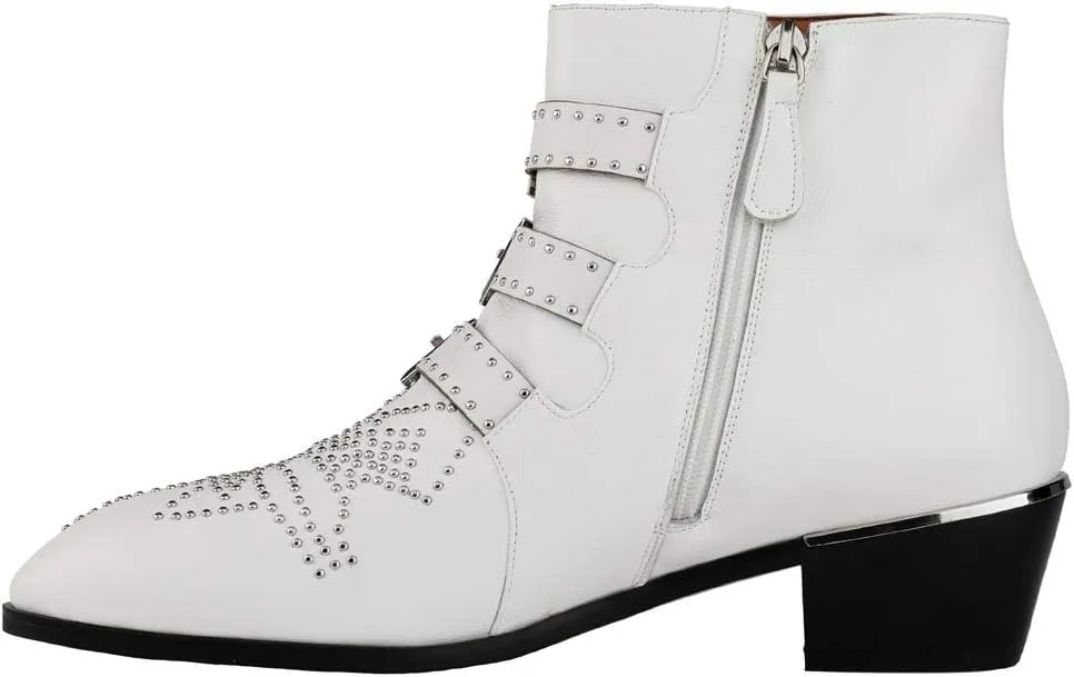 Arqa Women's Studded Ankle Boots Leather Multiple Buckle Chunky Heel Booties Almond Toe Zipper Punk Boot