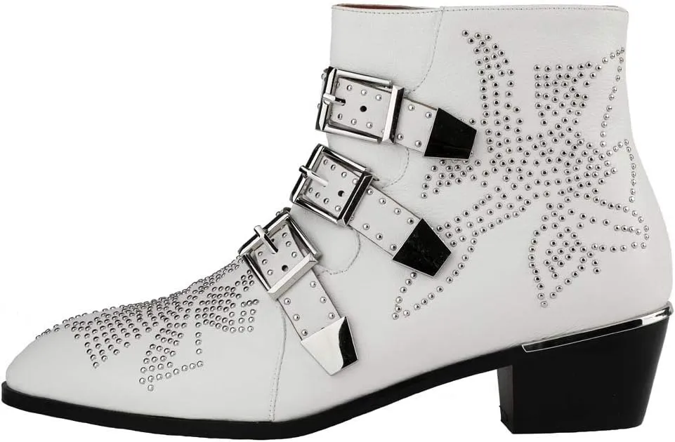 Arqa Women's Studded Ankle Boots Leather Multiple Buckle Chunky Heel Booties Almond Toe Zipper Punk Boot