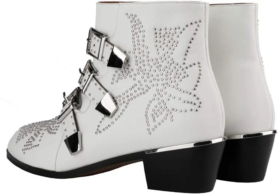 Arqa Women's Studded Ankle Boots Leather Multiple Buckle Chunky Heel Booties Almond Toe Zipper Punk Boot