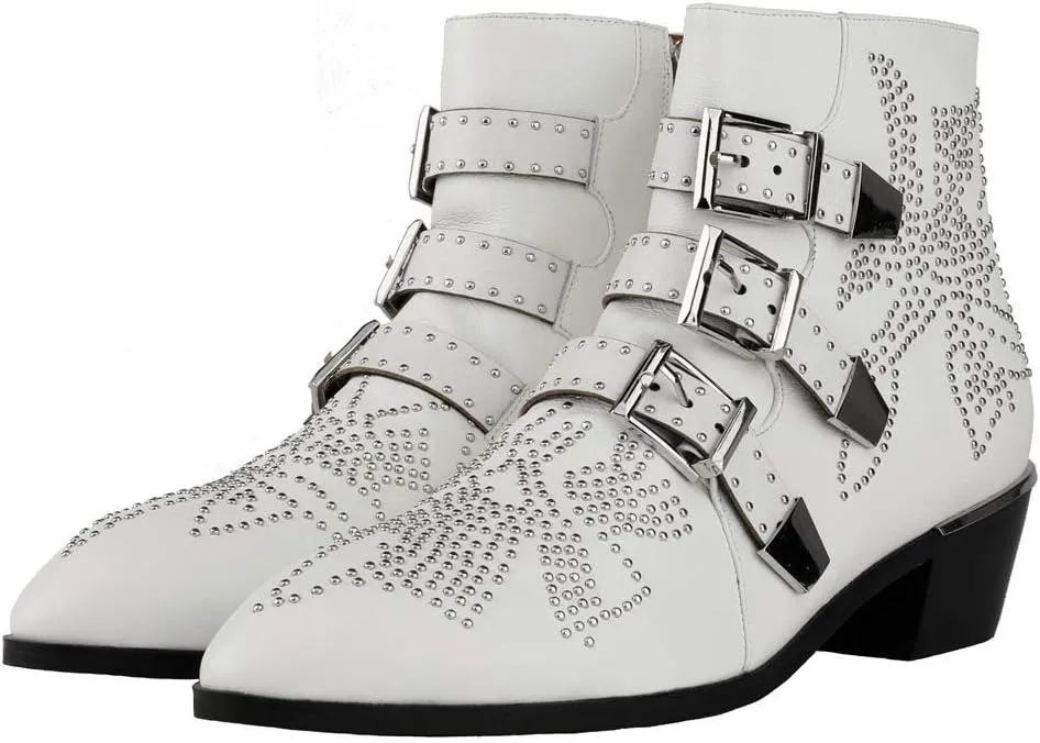 Arqa Women's Studded Ankle Boots Leather Multiple Buckle Chunky Heel Booties Almond Toe Zipper Punk Boot