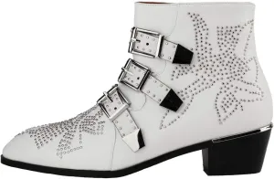 Arqa Women's Studded Ankle Boots Leather Multiple Buckle Chunky Heel Booties Almond Toe Zipper Punk Boot