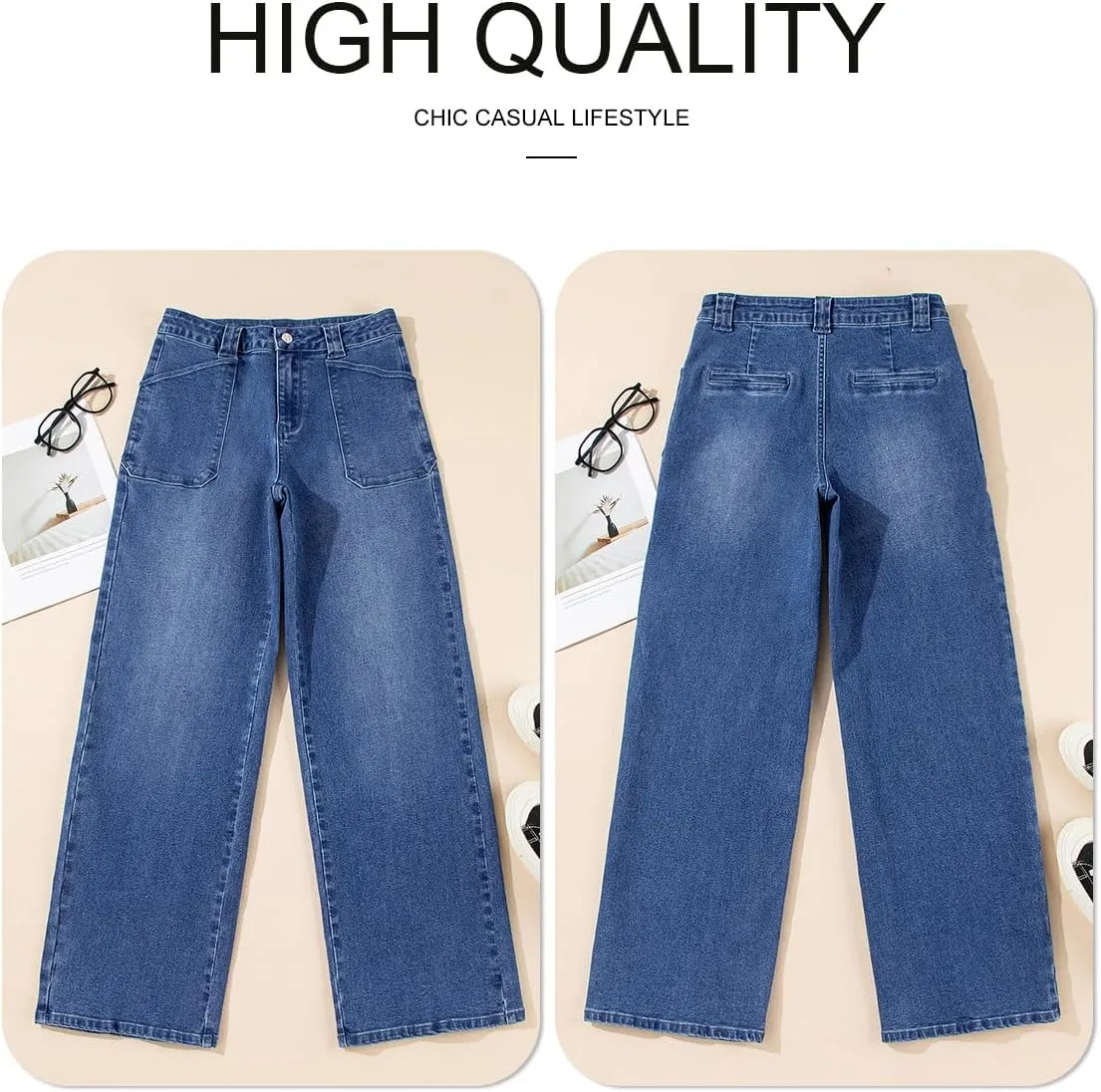 Astylish Women‘s High Waisted Straight Leg Jeans Stretchy Wide Leg Jeans Trendy Denim Pants