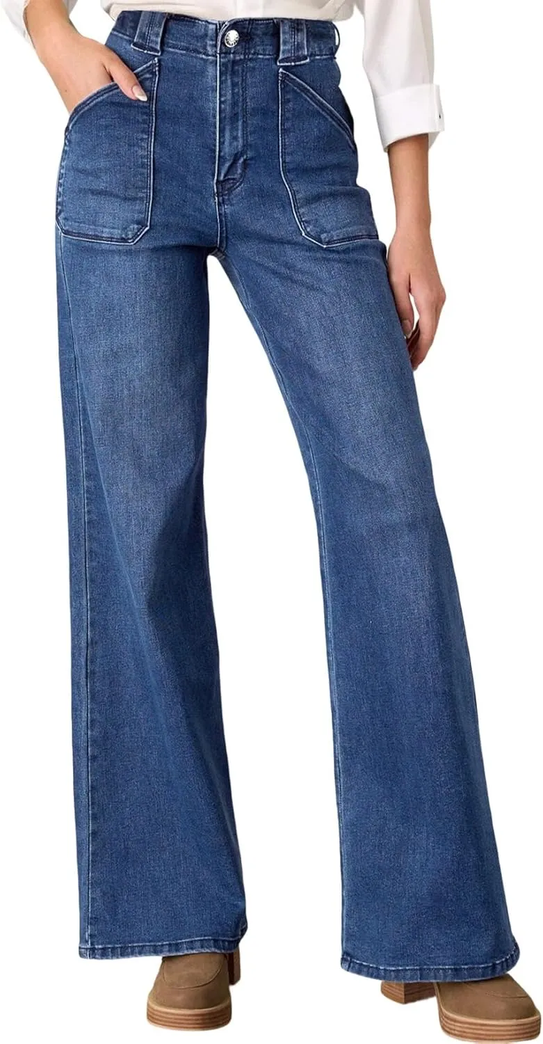Astylish Women‘s High Waisted Straight Leg Jeans Stretchy Wide Leg Jeans Trendy Denim Pants