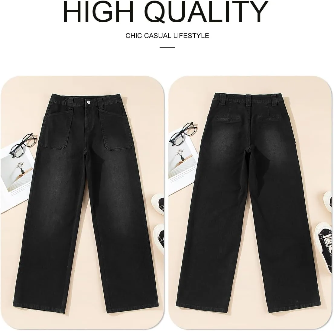 Astylish Women‘s High Waisted Straight Leg Jeans Stretchy Wide Leg Jeans Trendy Denim Pants