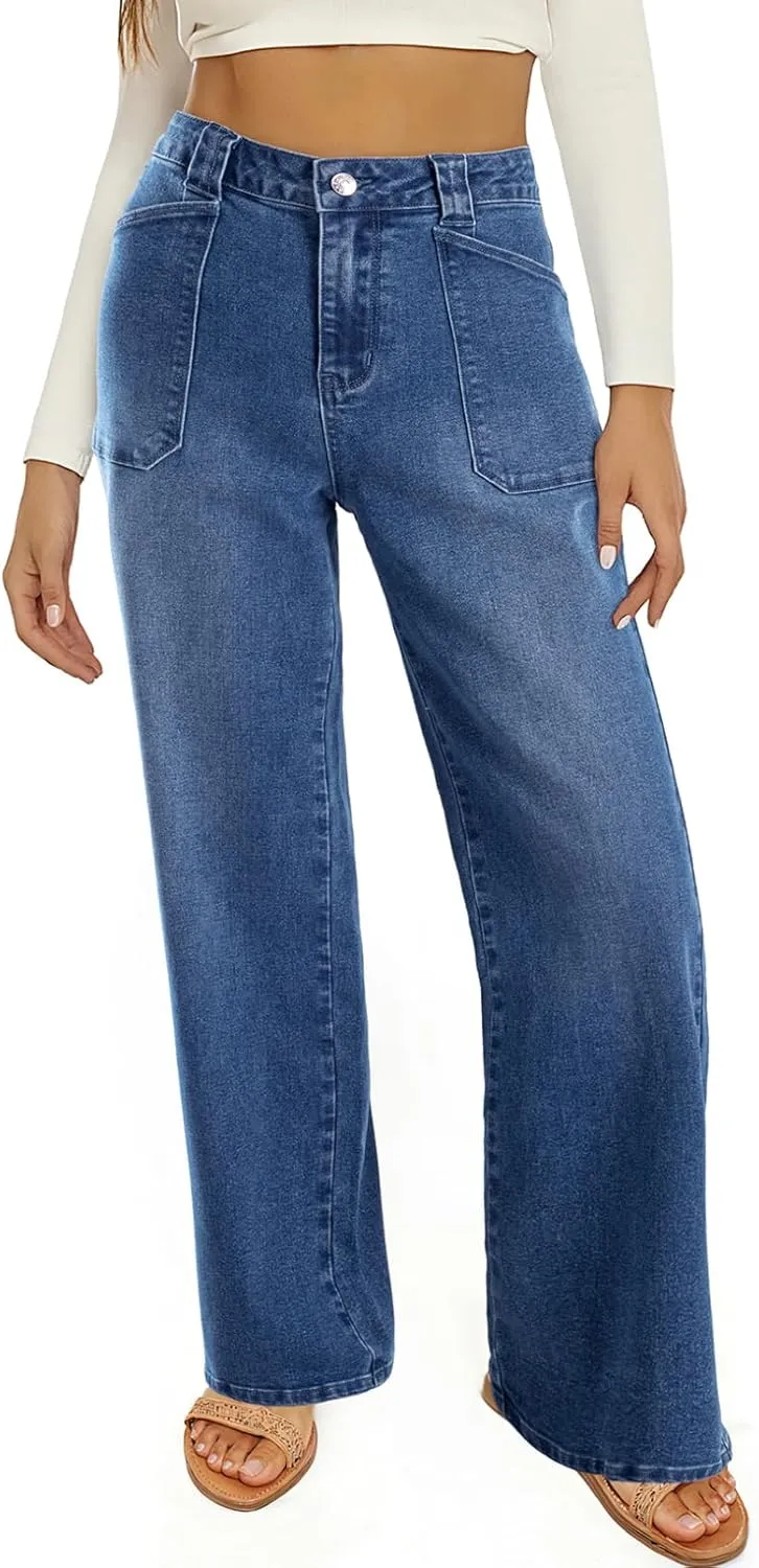 Astylish Women‘s High Waisted Straight Leg Jeans Stretchy Wide Leg Jeans Trendy Denim Pants