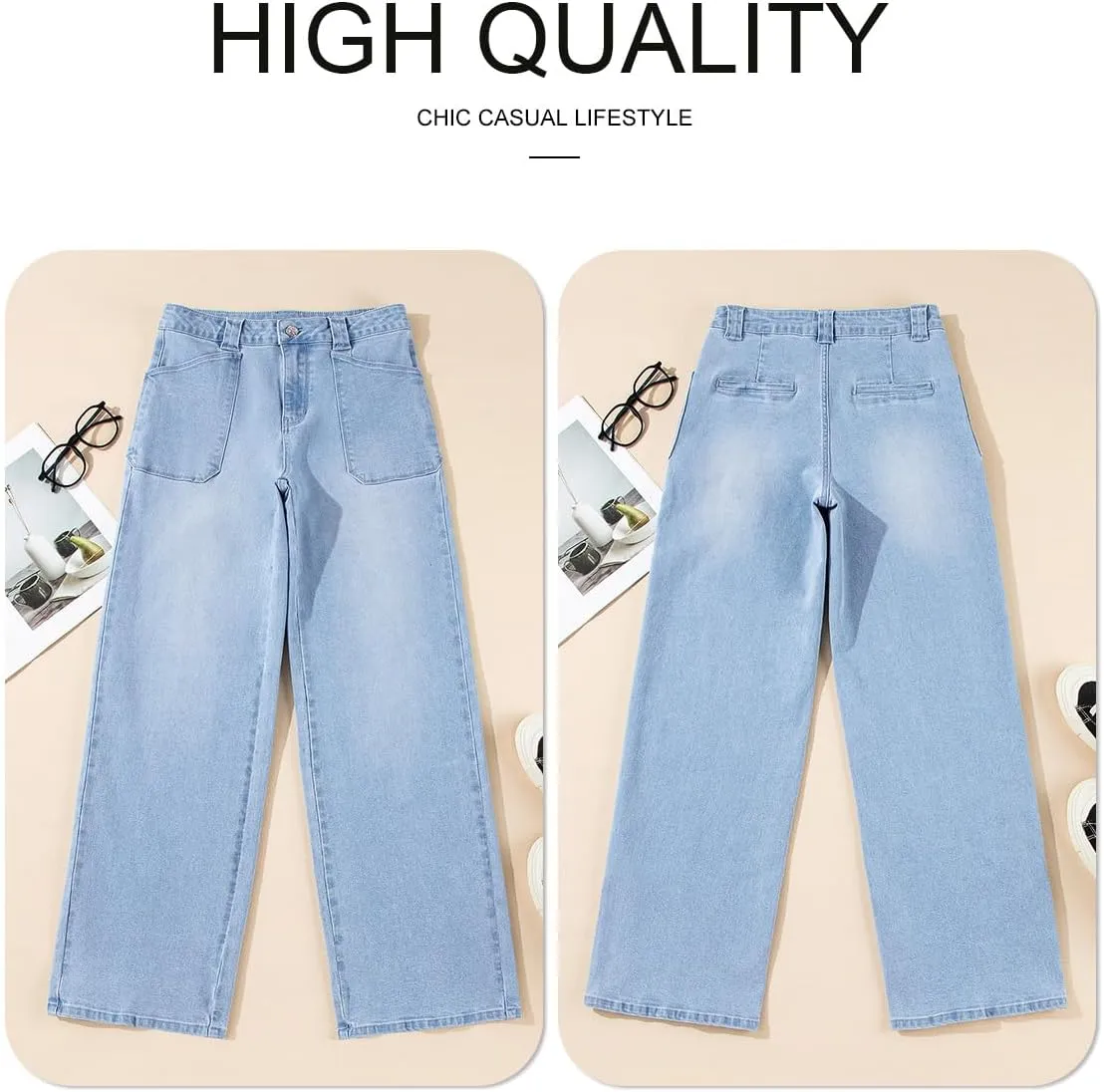 Astylish Women‘s High Waisted Straight Leg Jeans Stretchy Wide Leg Jeans Trendy Denim Pants