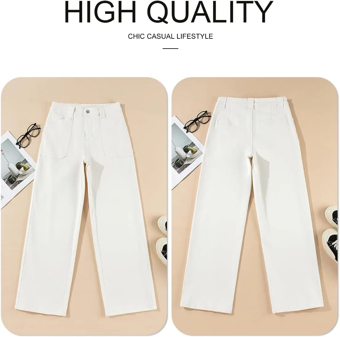 Astylish Women‘s High Waisted Straight Leg Jeans Stretchy Wide Leg Jeans Trendy Denim Pants