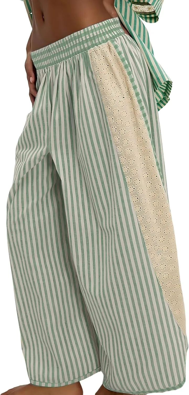 Athlisan Womens Summer Casual Loose Striped Wide Leg Lounge Pants Elastic Waist Palazzo Trousers