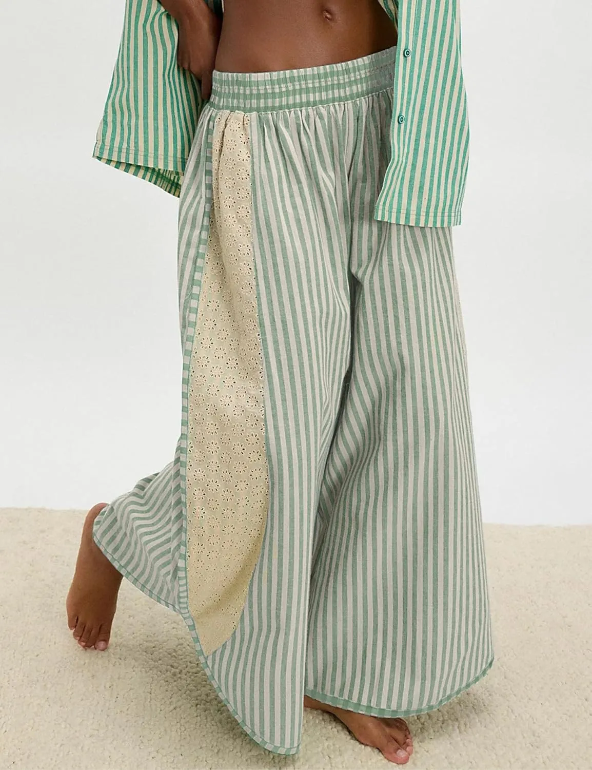 Athlisan Womens Summer Casual Loose Striped Wide Leg Lounge Pants Elastic Waist Palazzo Trousers