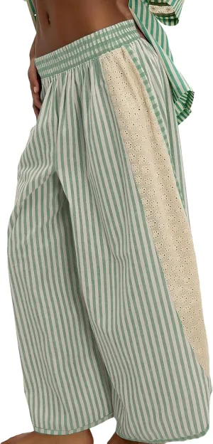 Athlisan Womens Summer Casual Loose Striped Wide Leg Lounge Pants Elastic Waist Palazzo Trousers