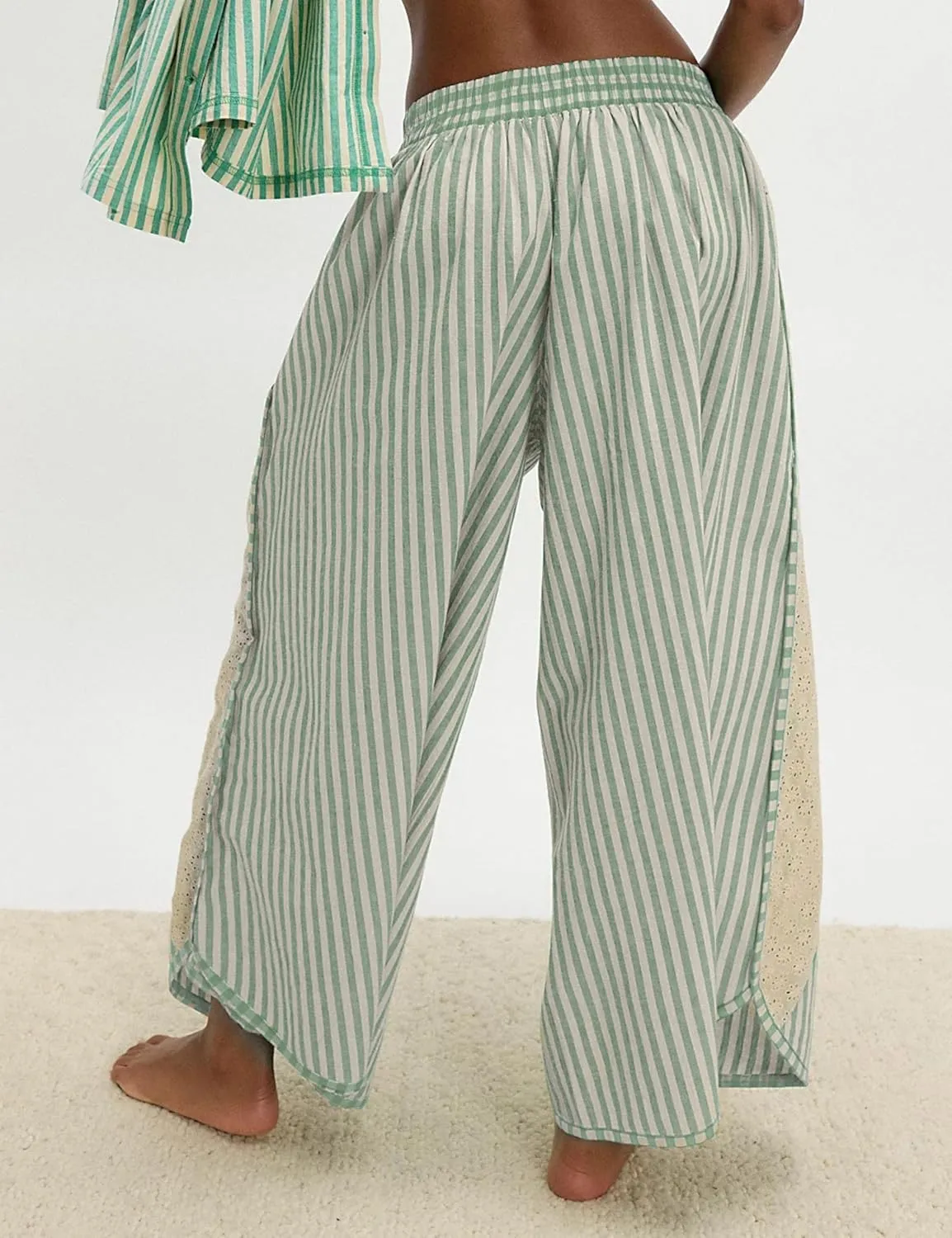 Athlisan Womens Summer Casual Loose Striped Wide Leg Lounge Pants Elastic Waist Palazzo Trousers