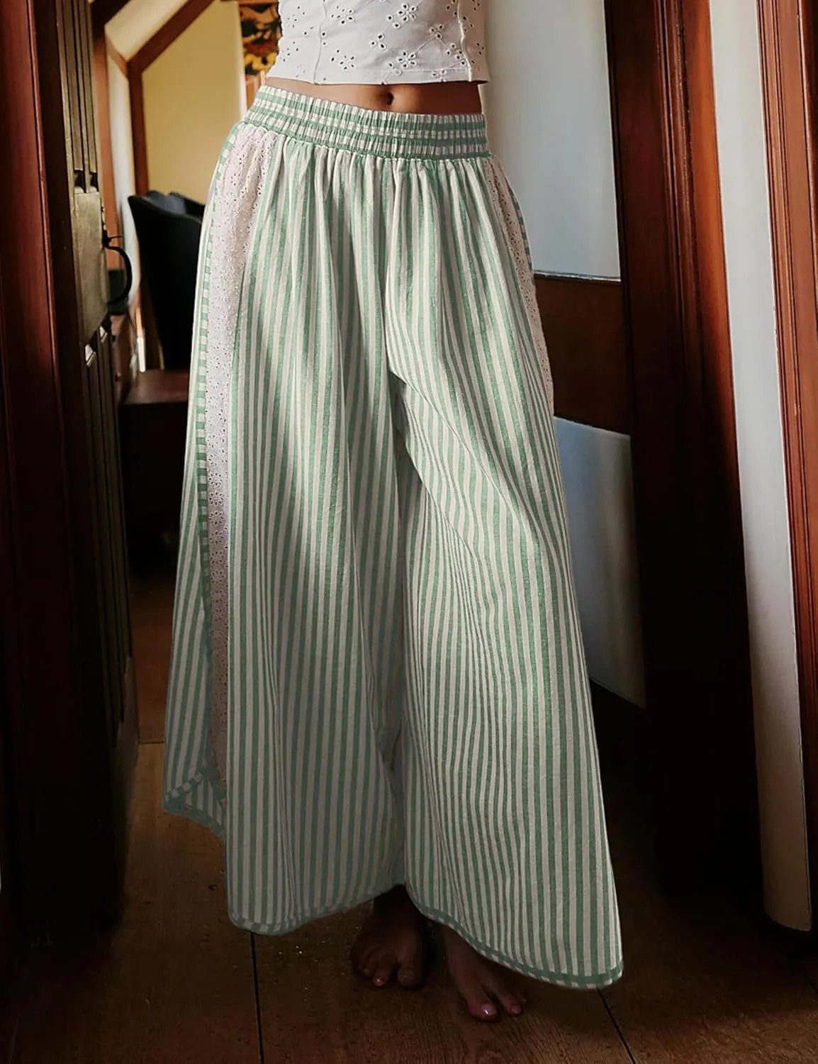 Athlisan Womens Summer Casual Loose Striped Wide Leg Lounge Pants Elastic Waist Palazzo Trousers