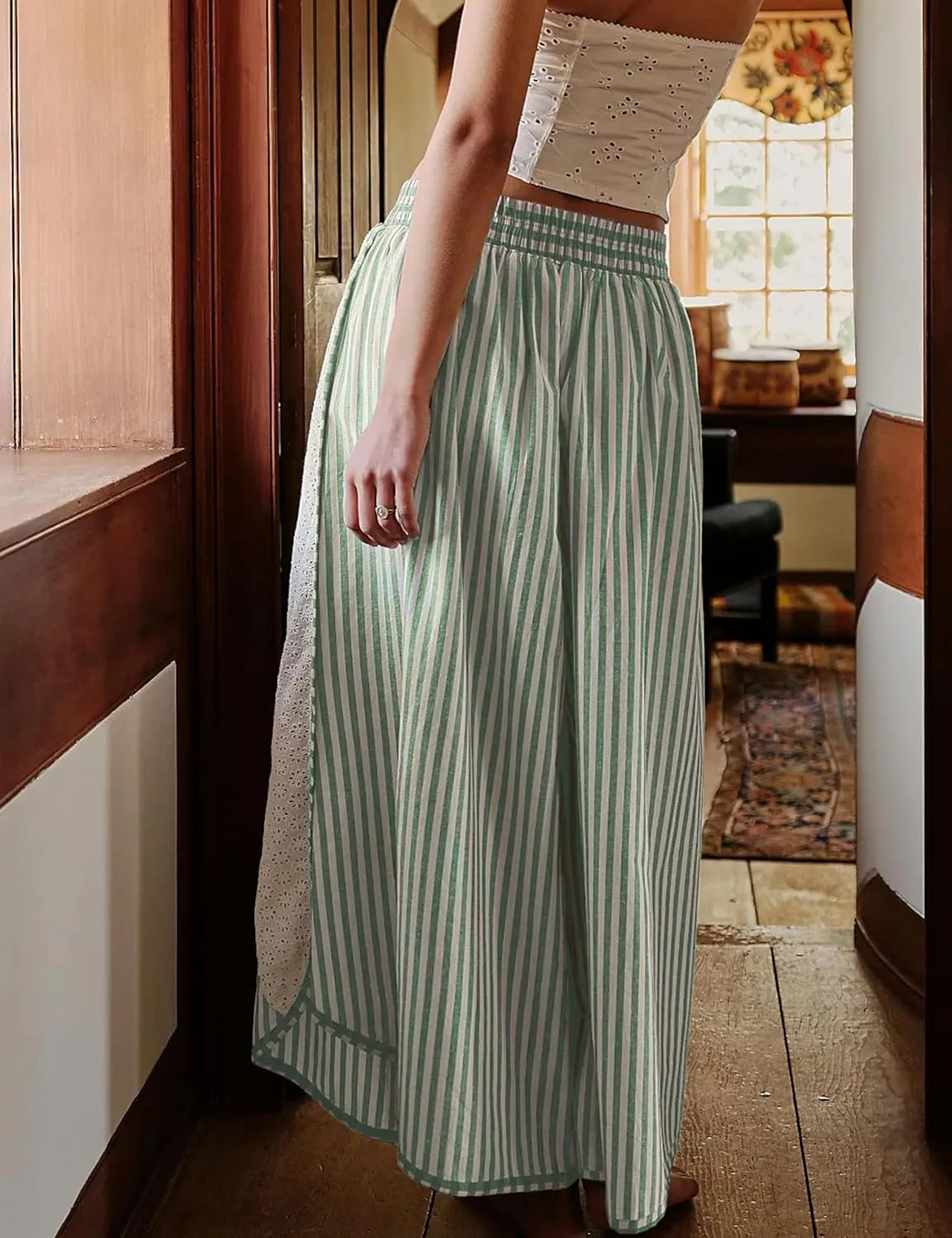 Athlisan Womens Summer Casual Loose Striped Wide Leg Lounge Pants Elastic Waist Palazzo Trousers