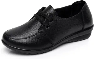 AUNTHUI Women's Soft Leather Comfortable Casual Shoes,Work Dress Office Penny Shoes,Fashion Round Toe Lace-Up Walking Shoes,Winter Non-Slip Fleece Mama Shoes