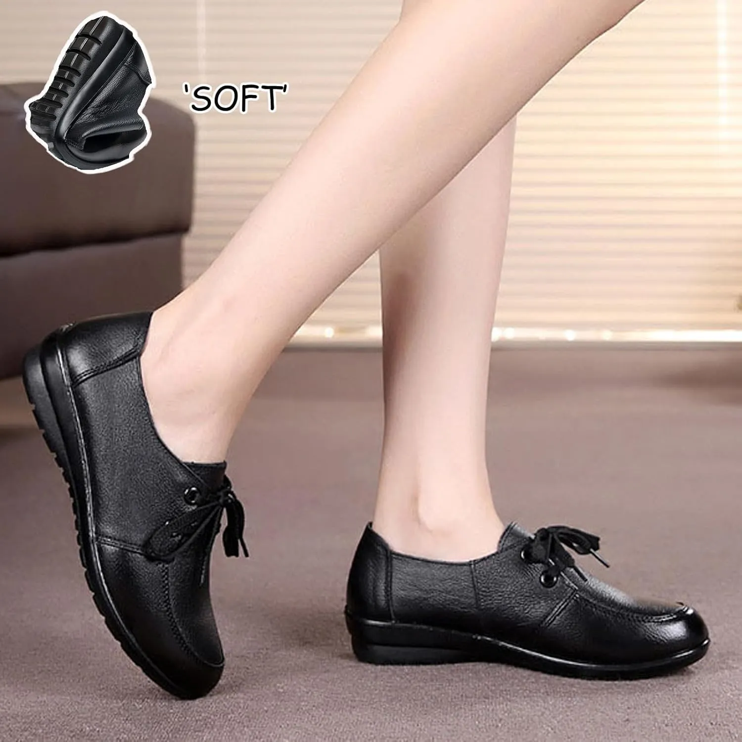 AUNTHUI Women's Soft Leather Comfortable Casual Shoes,Work Dress Office Penny Shoes,Fashion Round Toe Lace-Up Walking Shoes,Winter Non-Slip Fleece Mama Shoes