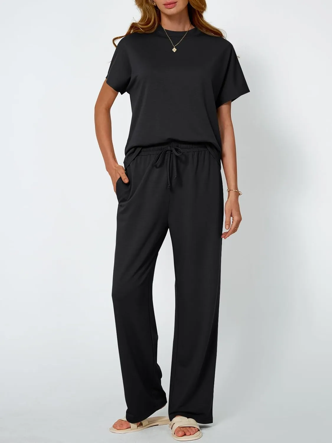 AUTOMET Women's Mock Neck 2 Piece Lounge Set Matching Summer Loose Fit Wide Leg Pants Set