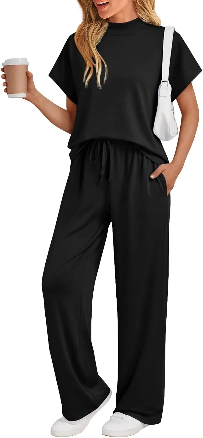 AUTOMET Women's Mock Neck 2 Piece Lounge Set Matching Summer Loose Fit Wide Leg Pants Set