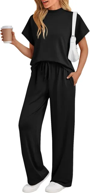 AUTOMET Women's Mock Neck 2 Piece Lounge Set Matching Summer Loose Fit Wide Leg Pants Set