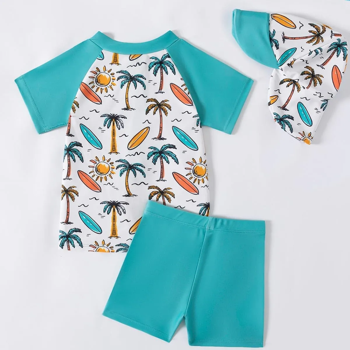 Baby Boy 3 Pieces Swimsuit Quick Dry Swim Trunks Set Toddler Rash Guard Sets Beach Hawaii Bathing Suits Swimwear with Sun Hat
