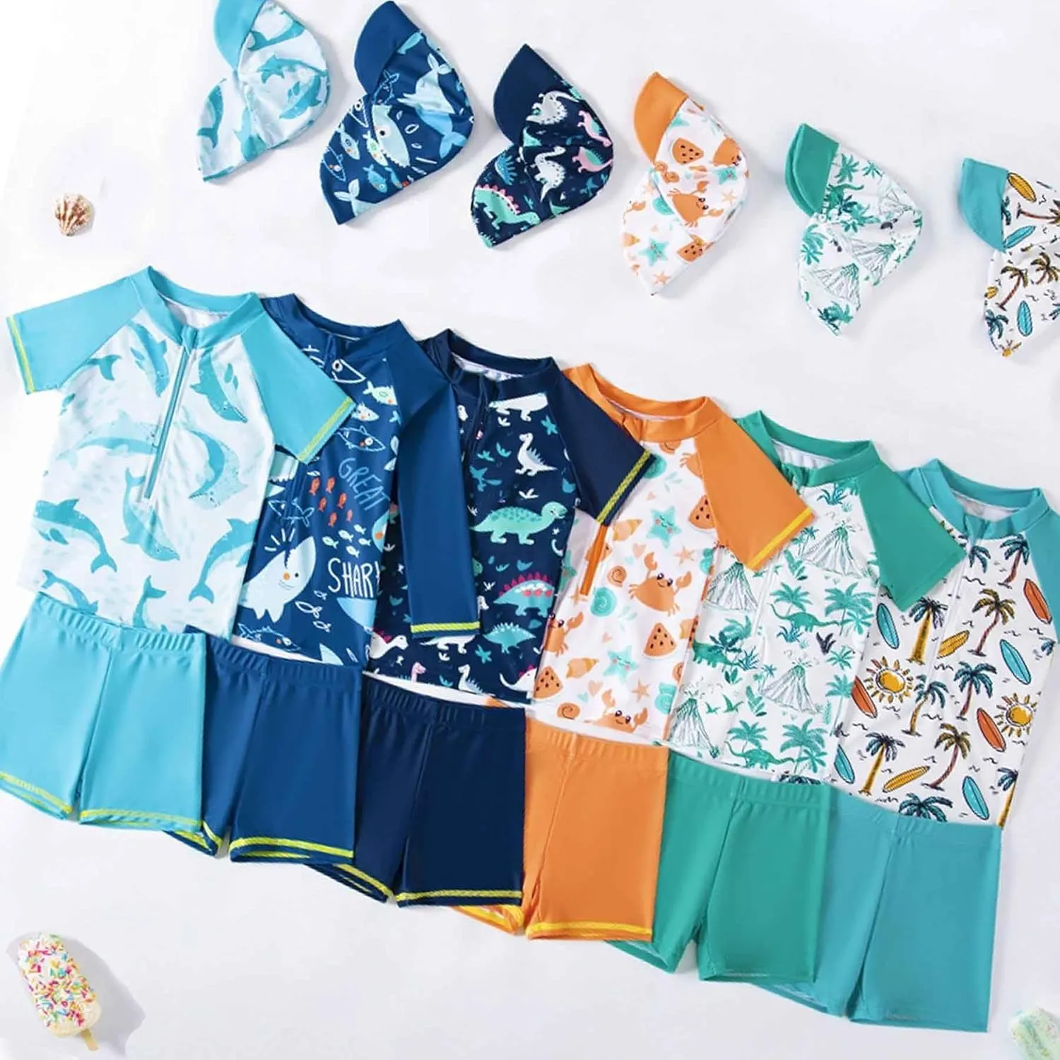 Baby Boy 3 Pieces Swimsuit Quick Dry Swim Trunks Set Toddler Rash Guard Sets Beach Hawaii Bathing Suits Swimwear with Sun Hat