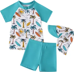 Baby Boy 3 Pieces Swimsuit Quick Dry Swim Trunks Set Toddler Rash Guard Sets Beach Hawaii Bathing Suits Swimwear with Sun Hat