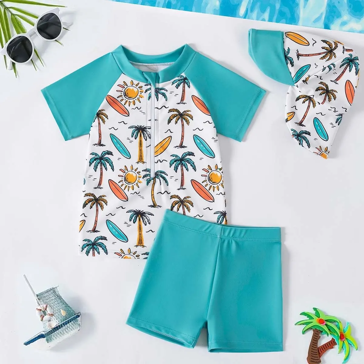Baby Boy 3 Pieces Swimsuit Quick Dry Swim Trunks Set Toddler Rash Guard Sets Beach Hawaii Bathing Suits Swimwear with Sun Hat