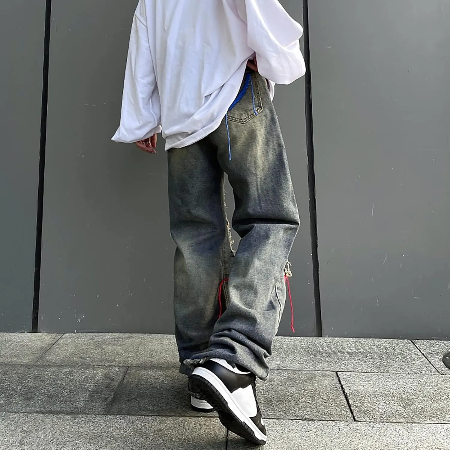 Baggy Ripped Jeans for Men Y2k Mid Rise Distressed Wide Leg Jeans Destroyed Hip Hop Skater Denim Pants Streetwear