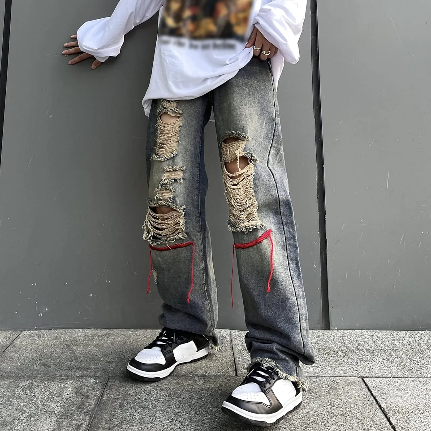 Baggy Ripped Jeans for Men Y2k Mid Rise Distressed Wide Leg Jeans Destroyed Hip Hop Skater Denim Pants Streetwear
