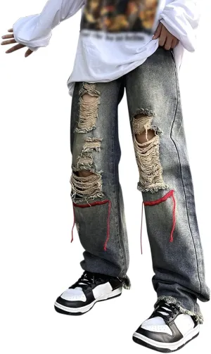 Baggy Ripped Jeans for Men Y2k Mid Rise Distressed Wide Leg Jeans Destroyed Hip Hop Skater Denim Pants Streetwear